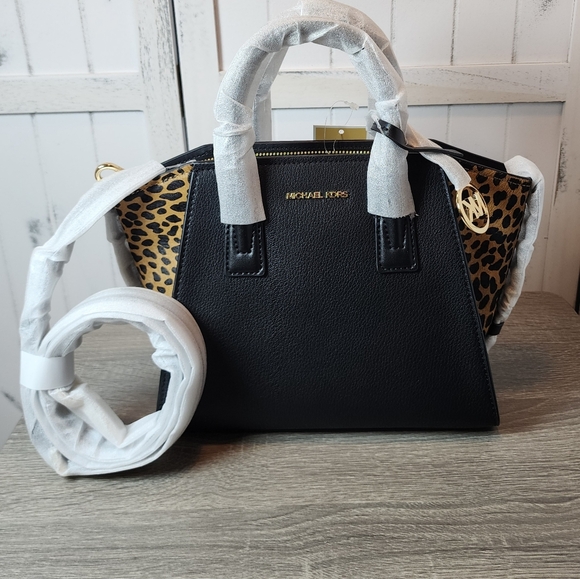 Michael Kors Avril Small Black Leather and Cheetah Print Calf Hair Satchel Bag - Picture 2 of 15